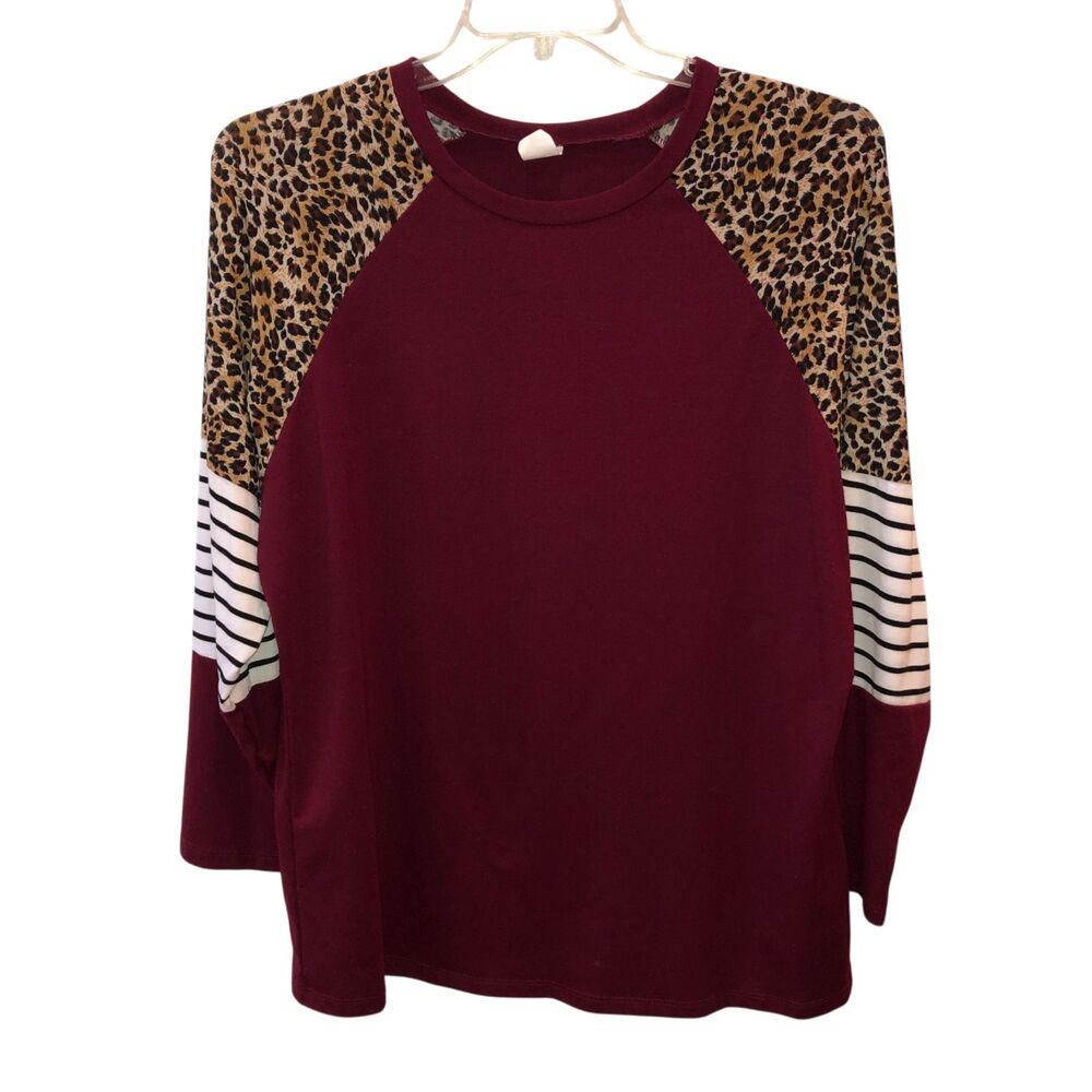 Sunshine Rodeos Women Size 2XL Maroon Leopard Print Long Sleeve Casual Shirt Top